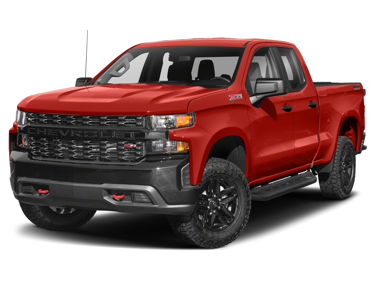 2019 Chevrolet Silverado 1500 Custom Trail Boss in Red Hot — front three-quarter view