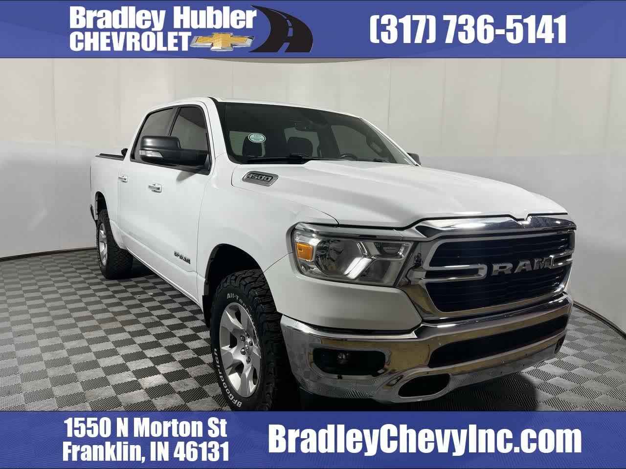 2020 RAM 1500 Big Horn in Platinum White Pearl — front three-quarter view