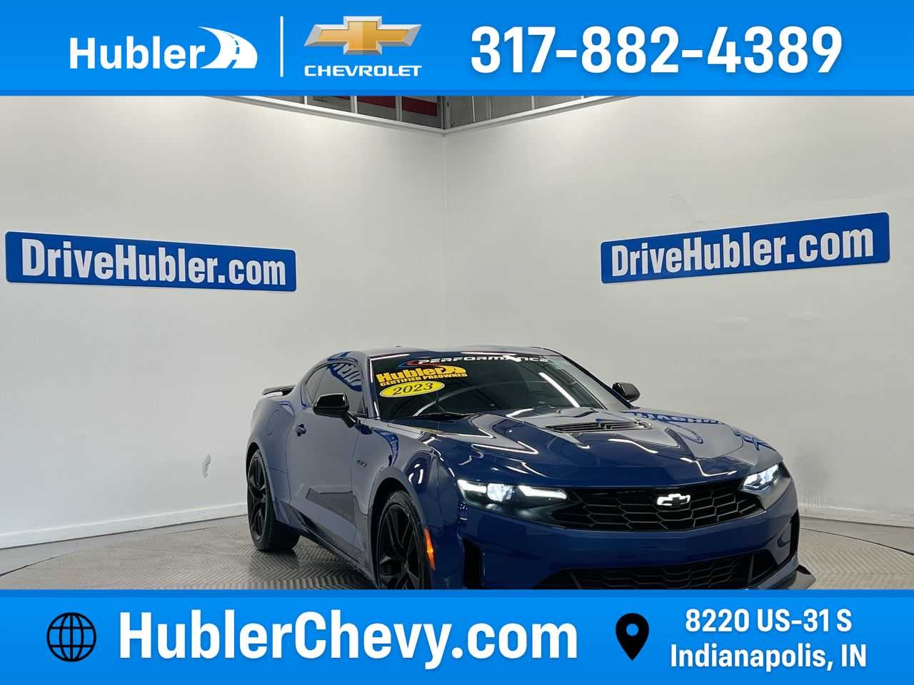 2023 Chevrolet Camaro LT1 in Riverside Blue Metallic — front three-quarter view